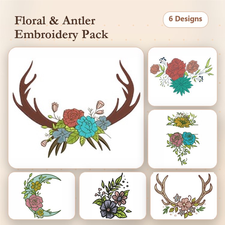Floral and Antler Embroidery Bundle – Antler with Flowers, Floral Antler Arrangement & More (6 Designs)