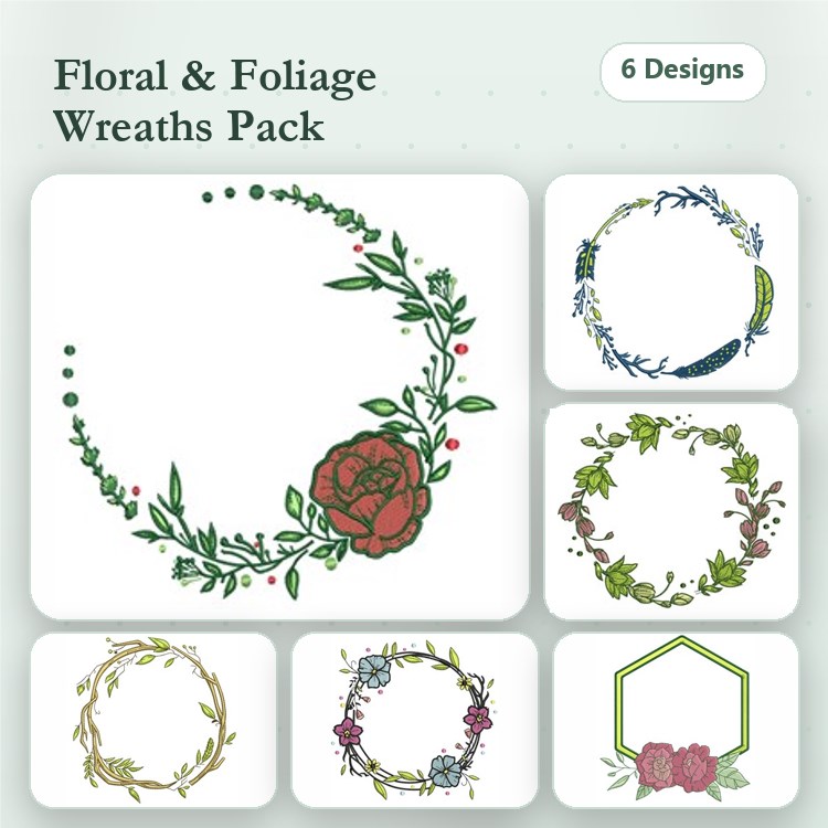 Floral Wreaths Embroidery Designs Bundle – Rose, Greenery, Blueberry & More (6 Designs)