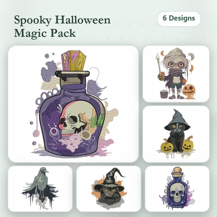 Halloween Characters Embroidery Designs Bundle – Potion Bottle with Skull, Zombie with Pumpkin, Witch with Hat & More (6 Designs)