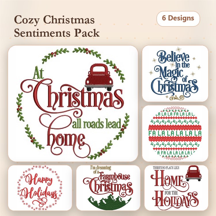 Christmas Sentiment Embroidery Designs Bundle – At Christmas All Roads Lead Home, Happy Holidays & More (6 Designs)
