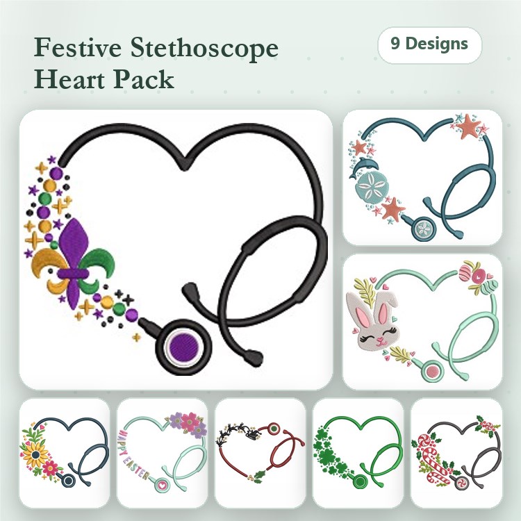 Stethoscope Heart Embroidery Designs Bundle – Heart with Flowers, Heart with Bunny, Festive Heart & More (9 Designs)