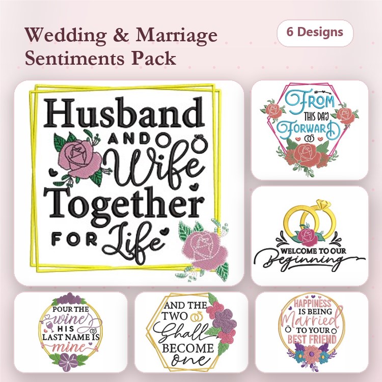 Wedding Sentiments Embroidery Designs Bundle – Together for Life, From This Day Forward, Welcome to Our Beginning & More (6 Designs)