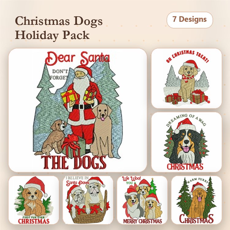 Dog Christmas Embroidery Bundle – Holiday Designs (7 Designs)