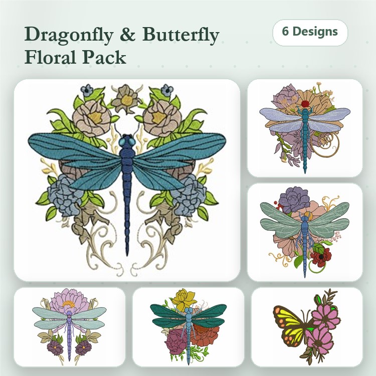 Dragonflies & Butterflies Embroidery Designs Bundle – Floral Elements & More (6 Designs)