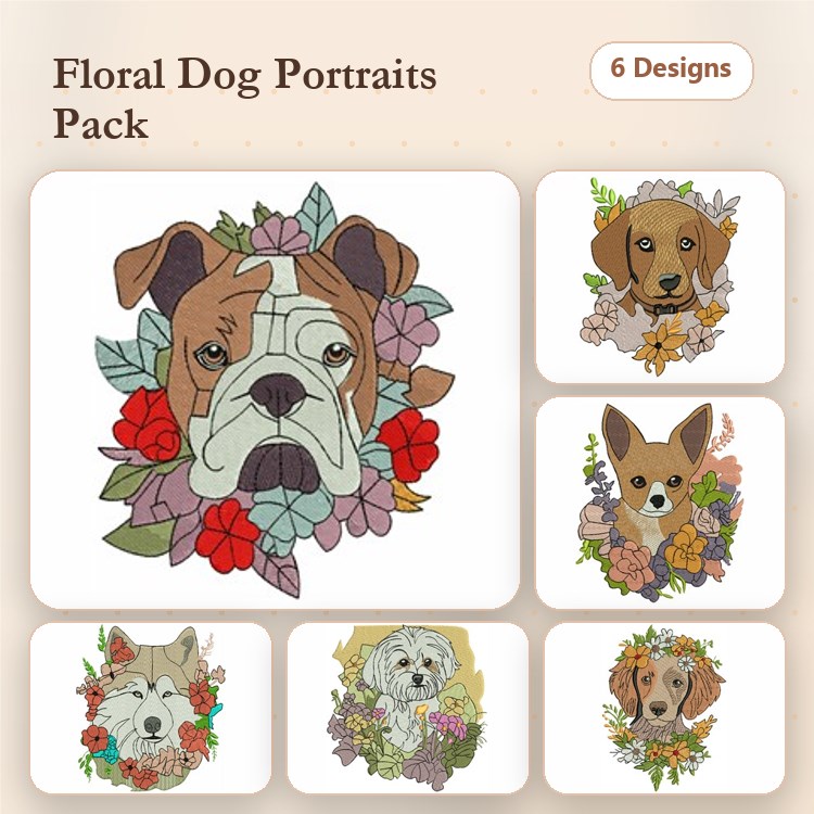 Bulldog & Chihuahua Embroidery Bundle – Floral Dog Designs (6 Designs)