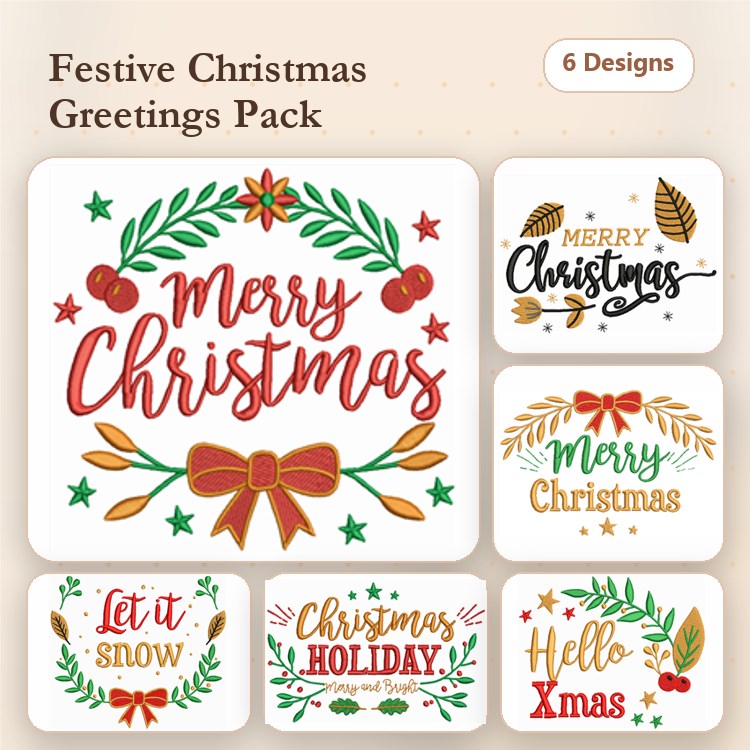 Christmas Greetings Embroidery Designs Bundle – Merry Christmas Wreath, Let it Snow, Hello Xmas & More (6 Designs)