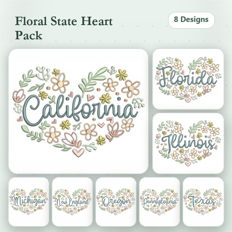 Floral State Hearts Embroidery Designs Bundle – California, Florida, Illinois, Michigan & More (8 Designs)
