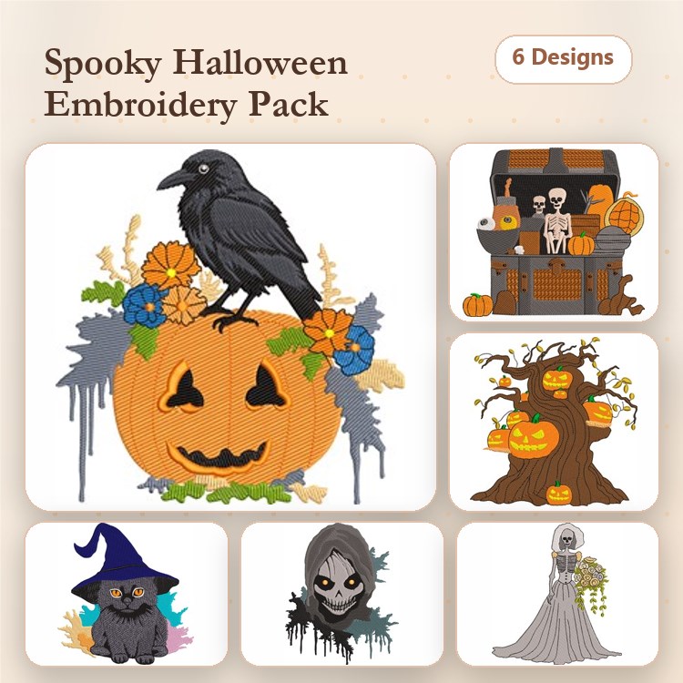 Spooky Halloween Embroidery Designs Bundle – Black Raven on Pumpkin, Treasure Chest with Skeletons, & More (6 Designs)