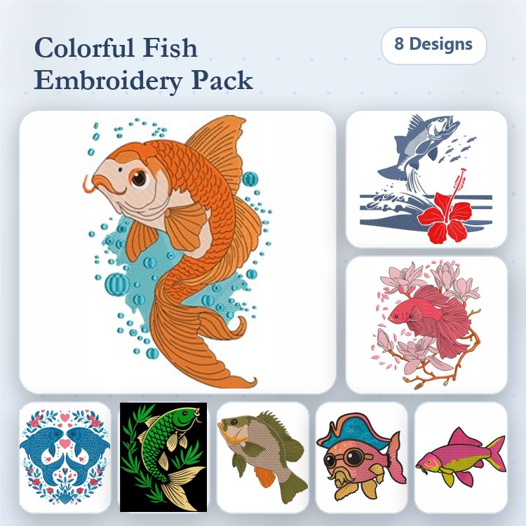 Colorful Fish Embroidery Designs Bundle – Goldfish, Koi Fish, Tropical Fish & More (8 Designs)