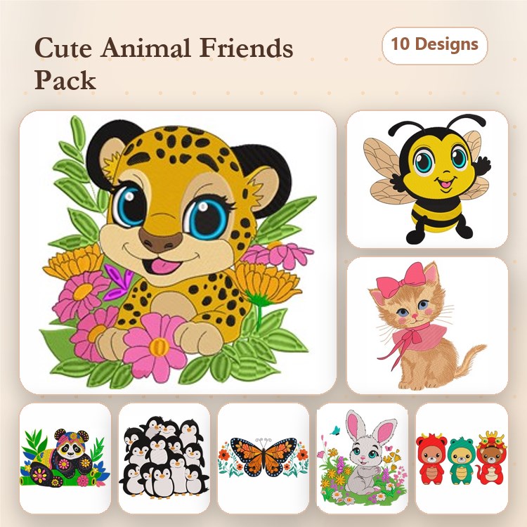 Cute Animal Embroidery Bundle – Leopard Cub, Bee, Kitten, Panda Family & More (10 Designs)
