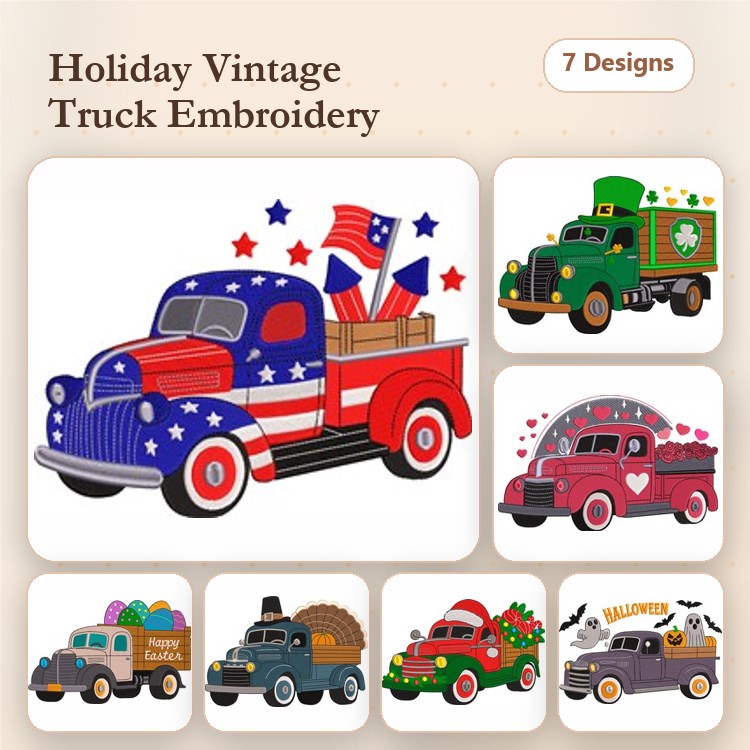 Holiday Vintage Truck Embroidery Bundle – Patriotic, Earth Day, Valentine's Day, Easter & More (7 Designs)