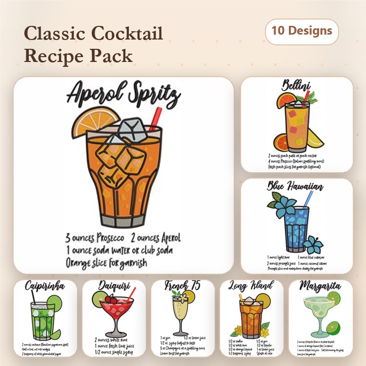 Cocktail Recipes Embroidery Designs Bundle – Aperol Spritz, Pina Colada, Margarita & More (10 Designs)