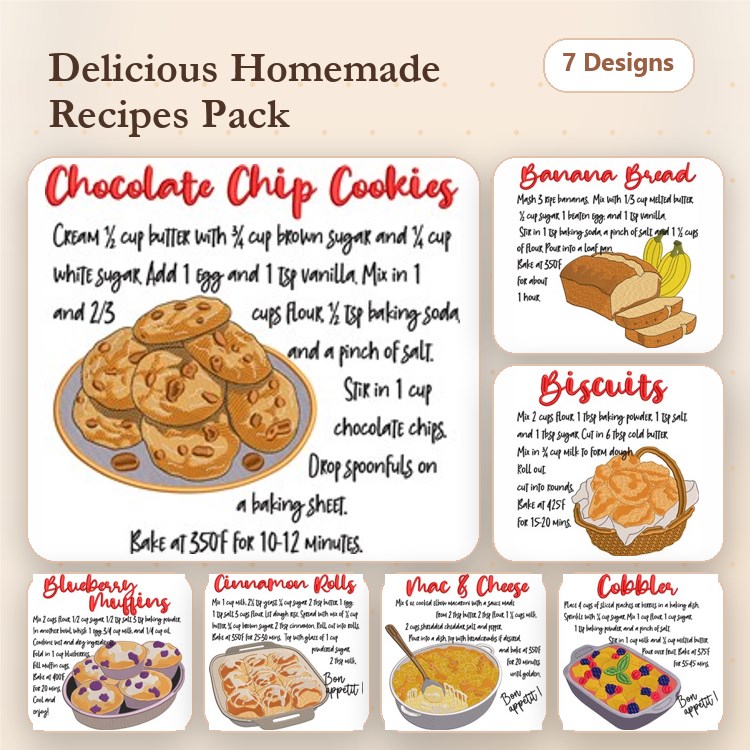 Homemade Recipe Illustrations Embroidery Bundle – Chocolate Chip Cookies, Banana Bread, Biscuits & More (7 Designs)