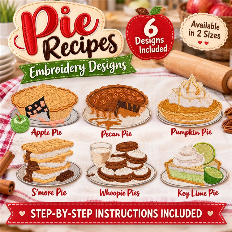 Pie Recipes Embroidery Designs Bundle – Apple, Pecan, Pumpkin, Key Lime & More (6 Designs)