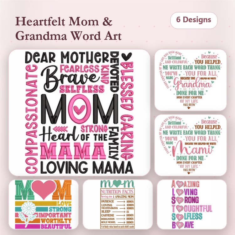 Mom & Grandma Word Art Embroidery Designs Bundle – Mom Word Art, Loving Mama, Dear Mother & More (6 Designs)