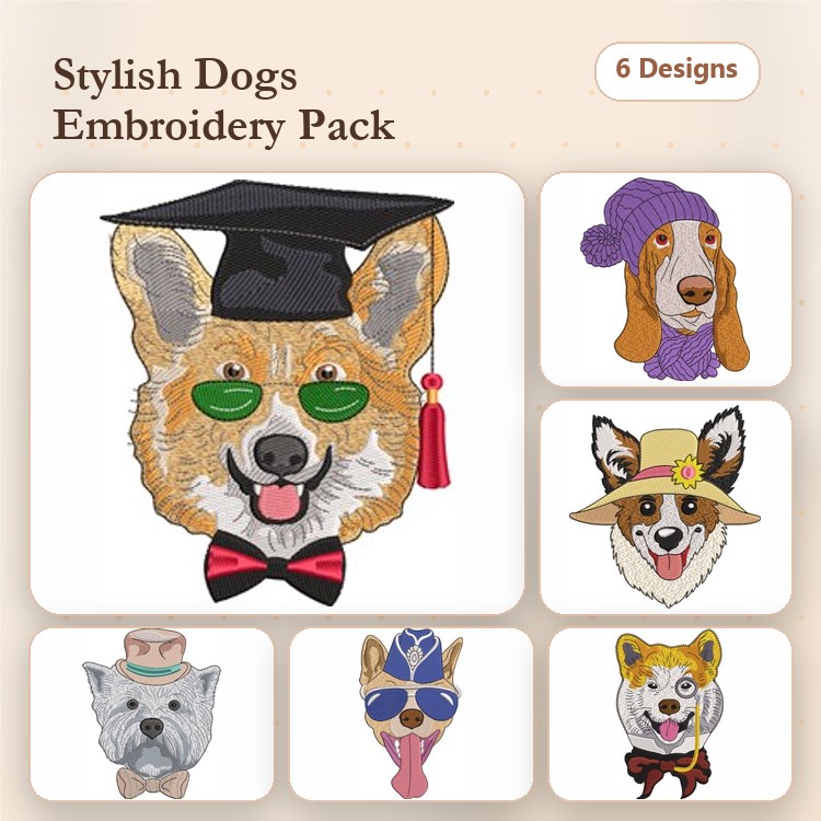 Corgi & Basset Hound Embroidery Bundle – Fun Dog Faces (6 Designs)