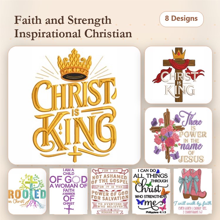 Christian Inspirational Quotes Embroidery Designs Bundle – Christ is King, Power in the Name of Jesus & More (8 Designs)