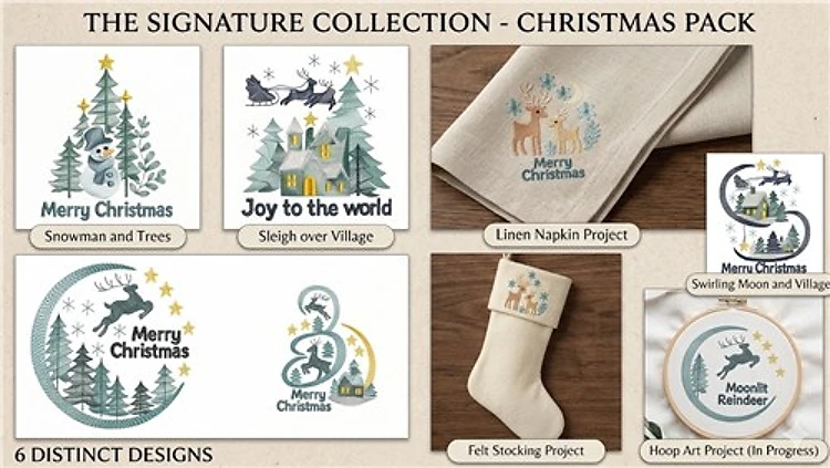 Christmas Themed Embroidery Bundle – Merry Christmas Ornament, Joy to the World Scene, Sleigh upon Village & More (6 Designs)