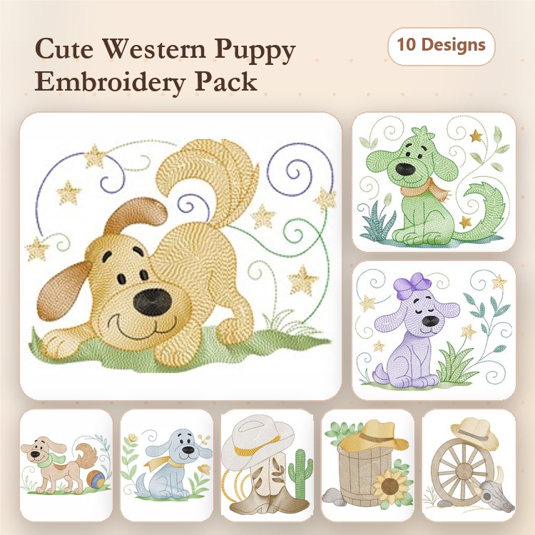 Cowboy Dog & Western Embroidery Bundle – Boots, Cactus & More (10 Designs)