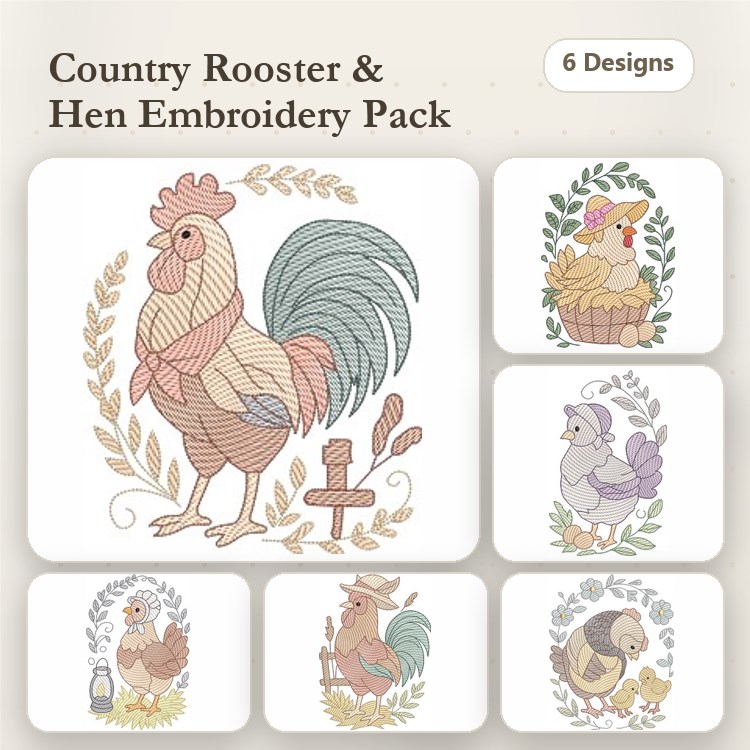 Rippled Country Rooster and Hen Embroidery Designs Bundle – Rooster with Flowers, Hen in Basket, Purple Hen & More (6 Designs)