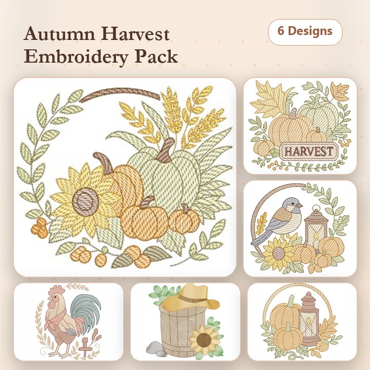 Rippled Autumn Harvest Embroidery Bundle – Pumpkin Arrangement, Sunflower and Pumpkin, Harvest Sign & More (6 Designs)