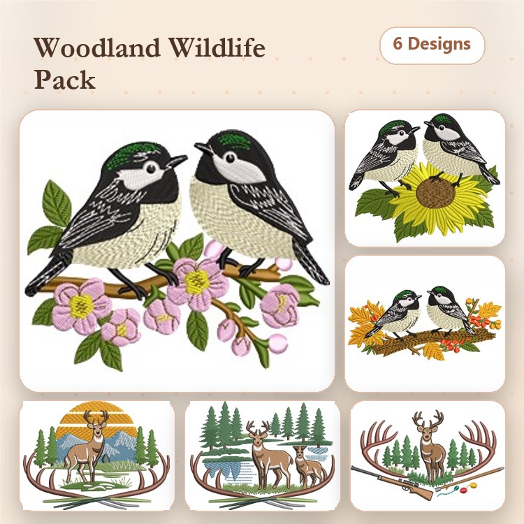 Woodland Wildlife Embroidery Bundle – Chickadees, Deer in Forest, Deer with Antlers & More (6 Designs)