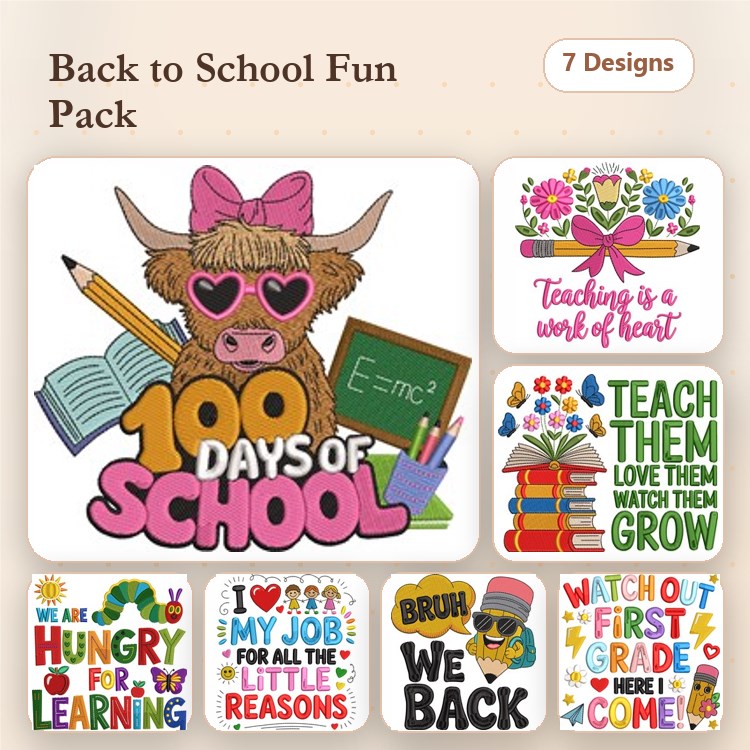 Back to School Embroidery Designs Bundle – Highland Cow with Sunglasses, 100 Days of School, Teacher's Heart & More (7 Designs)