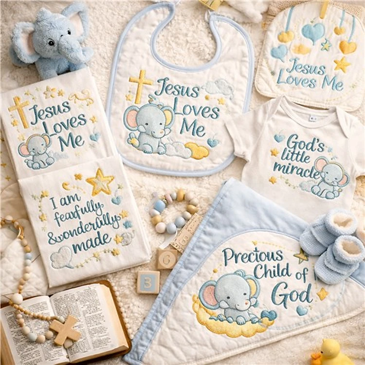 Baby Theme with Elephants Embroidery Designs Bundle – Jesus Loves Me, Precious Child of God & More (8 Designs)