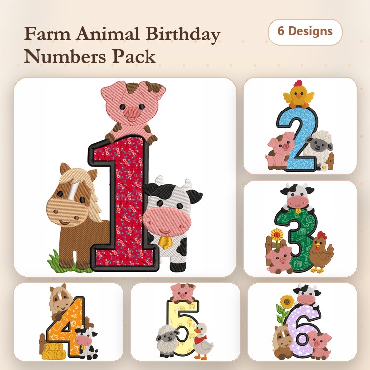 Animal Number Embroidery Bundle – Number 1 with Duck, Number 2 with Sheep, Number 3 with Horse & More (6 Designs)