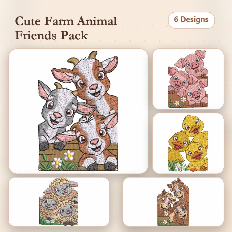 Farm Animal Embroidery Bundle – Horse Family, Sheep, Ducklings & More (6 Designs)