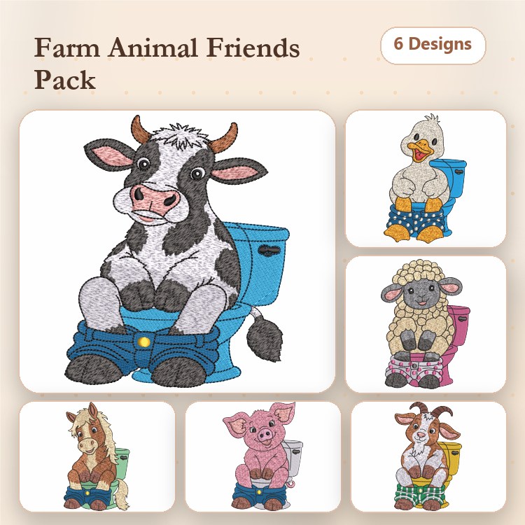 Farm Animal Humor Embroidery Designs Bundle – Goat on Toilet, Pig on Toilet, Horse on Toilet & More (6 Designs)