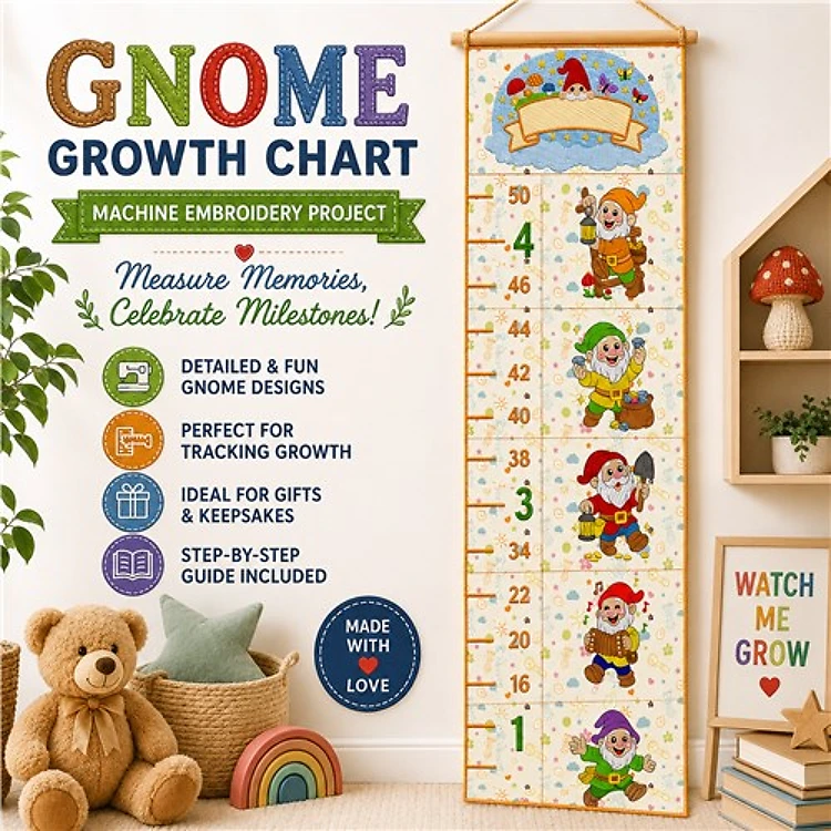 ITH Gnome Growth Chart Embroidery Designs Bundle – Gnome with Balloon, Gnome with Mushroom, Gnome with Book & More (13 Designs)