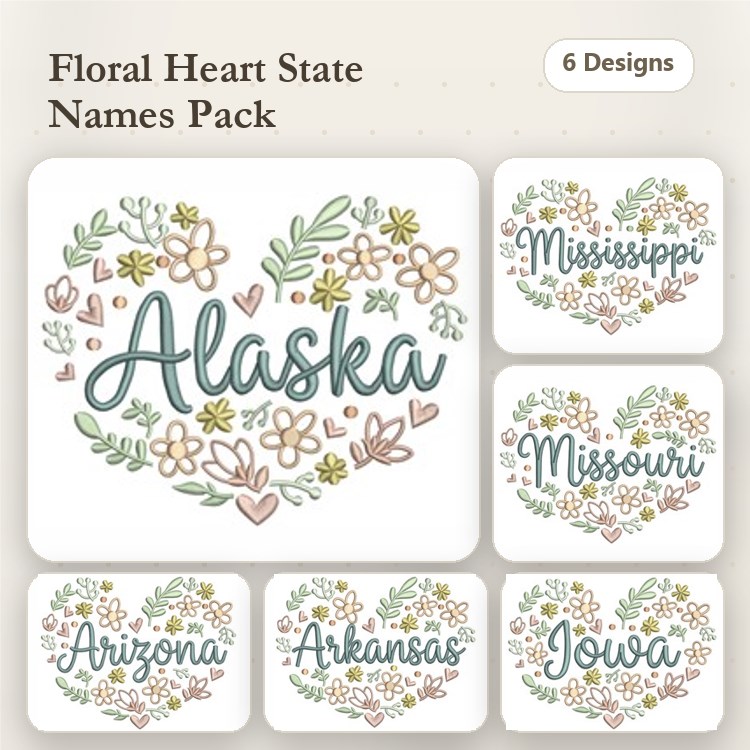 Floral Heart State Names Embroidery Designs Bundle – Alaska, Mississippi, Missouri & More (6 Designs)
