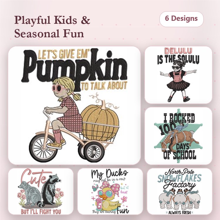 Playful Kids Embroidery Designs Bundle – Pumpkin Biker Girl, Halloween Witch, Cute Duck & More (6 Designs)