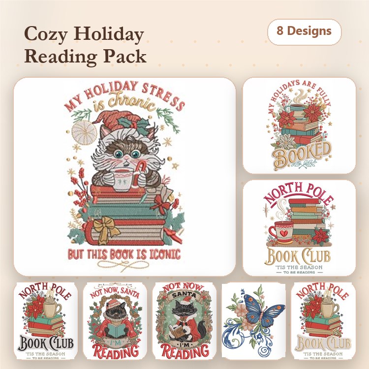 Holiday Reading Embroidery Designs Bundle – Raccoon with Books, North Pole Book Club, & More (8 Designs)