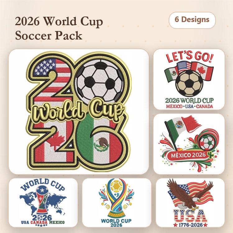 World Cup Soccer Embroidery Bundle – 2026 Logo, USA Emblem, Mexico 2026 Logo & More (6 Designs)
