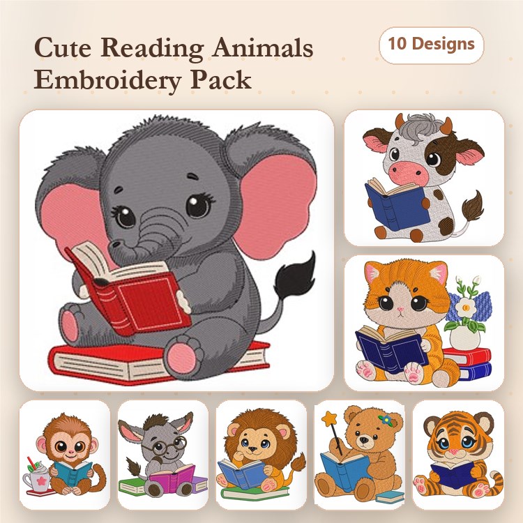 Cute Reading Animals Embroidery Designs Bundle – Elephant Reading, Cow Reading, Kitten Reading & More (10 Designs)