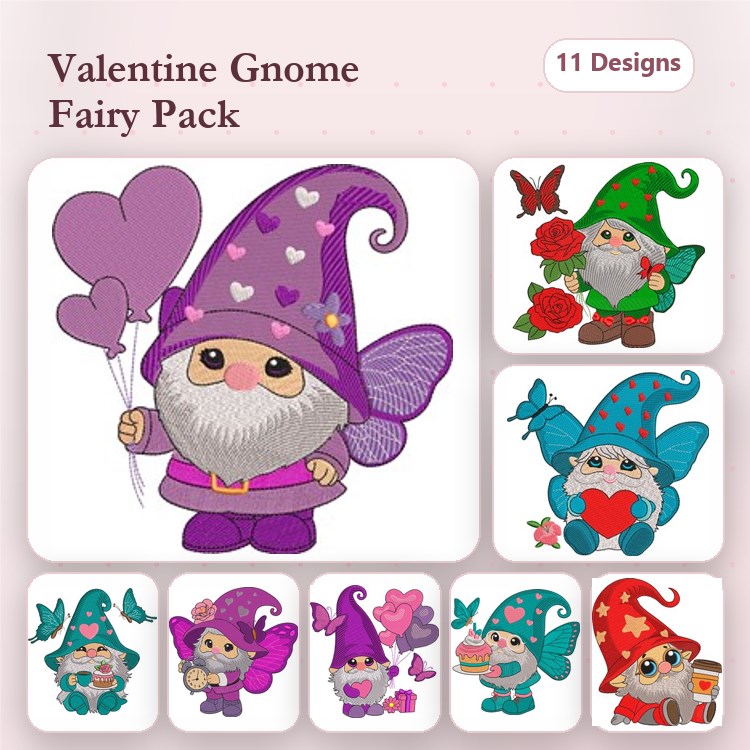 Valentine Gnomes Embroidery Designs Bundle – Gnome with Hearts, Gnome Holding Heart, Gnome with Pink Balloon & More (11 Designs)