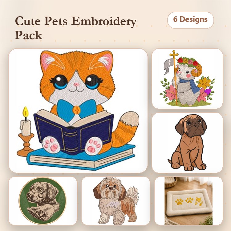Cat & Dog Embroidery Bundle – Adorable Pets (6 Designs)