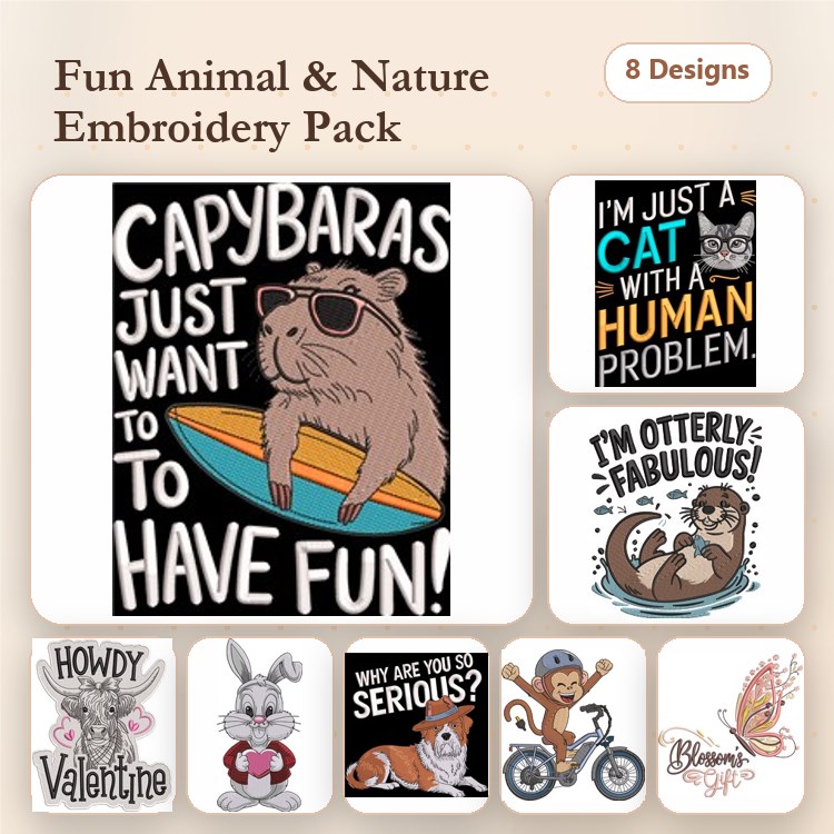 Capybara, Cow & Bugs Bunny Embroidery Bundle – Fun Characters (8 Designs)