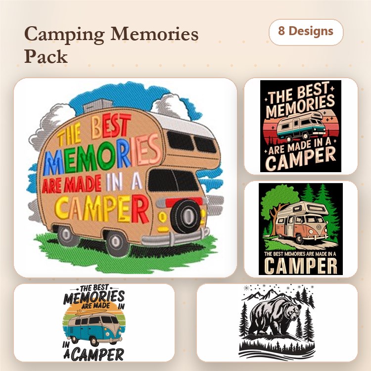 Camping Adventure Embroidery Designs Bundle – Colorful Camper, Camper Quote, Retro Camper & More (8 Designs)
