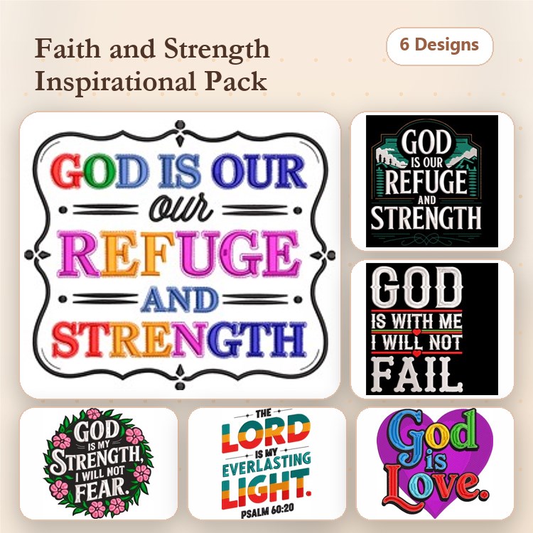 Inspirational Faith Quotes Embroidery Designs Bundle – God is Our Refuge, My Everlasting Light, God is Love & More (6 Designs)
