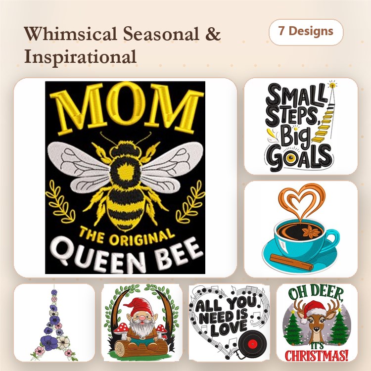 Whimsical Seasonal Embroidery Bundle – Queen Bee, Santa with Gift, Eiffel Tower & More (7 Designs)
