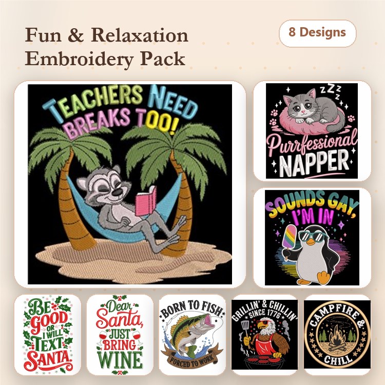 Funny Relaxation Embroidery Designs Bundle – Sloth in Hammock, Napping Cat, Gnomies & More (8 Designs)