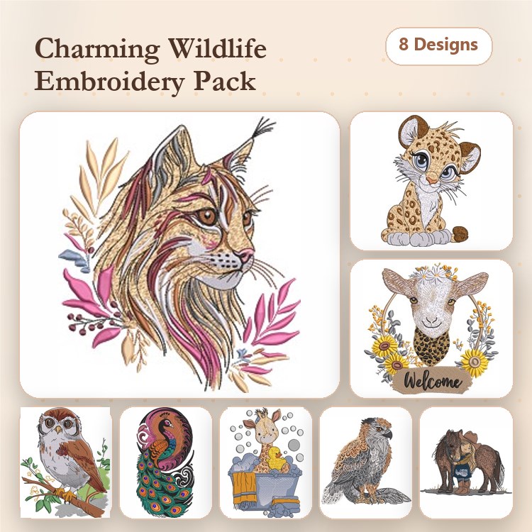 Wildlife Animal Embroidery Bundle – Lynx, Baby Leopard, Owl, Peacock & More (8 Designs)