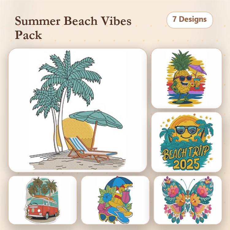 Summer Beach Embroidery Bundle – Palm Tree with Umbrella, Pineapple with Sunglasses, Beach Trip 2025 & More (7 Designs)