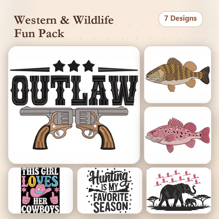 Western & Wildlife Embroidery Designs Bundle – Outlaw with Guns, Rainbow Trout, This Girl Loves Her Cowboys & More (7 Designs)