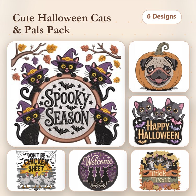 Halloween Embroidery Bundle – Spooky Pug & Cats (6 Designs)
