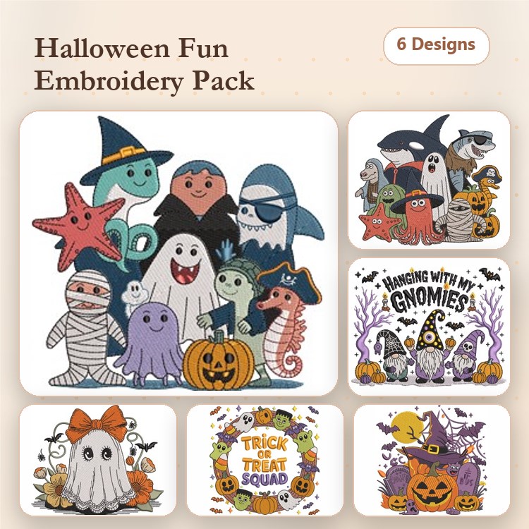 Halloween Characters Embroidery Designs Bundle – Ghost with Pumpkin, Mummy, Gnome with Pumpkin & More (6 Designs)