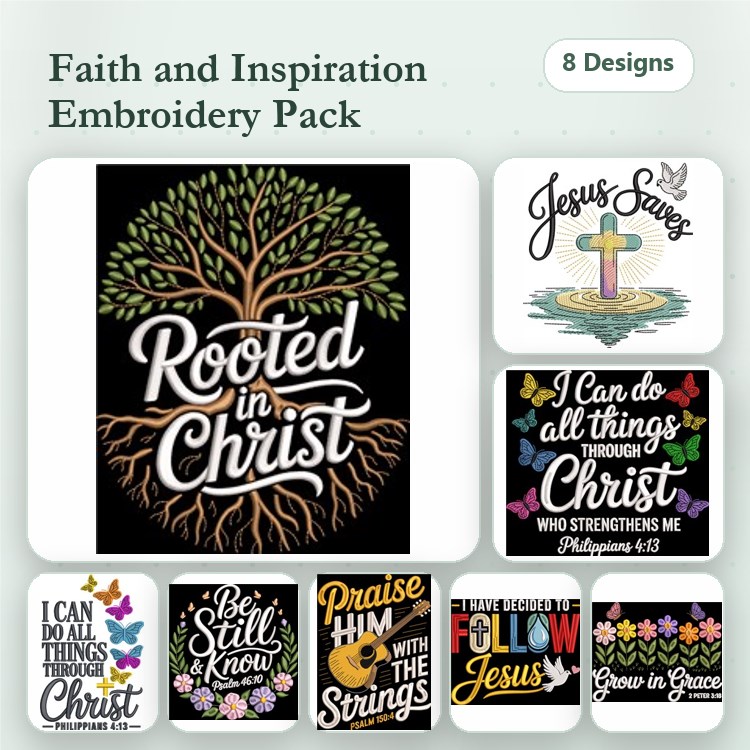 Faith & Inspiration Embroidery Bundle – Rooted in Christ, Jesus Saves, Be Still and Know & More (8 Designs)